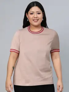 The Roadster Lifestyle Co Women Pink Solid Round Neck Pure Cotton Crop T-shirt