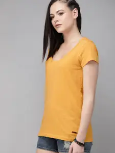 Roadster Women Yellow Solid Scoop Neck Pure Cotton T-shirt