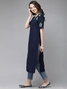 Anouk Women Navy Blue Solid Straight Kurta