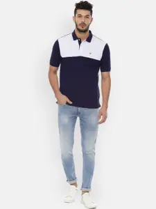 Allen Solly Men Navy Blue Colourblocked Polo Collar Pure Cotton T-shirt