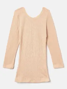 Kanvin Girls Pack of 2 Beige Self Design Thermal Tops