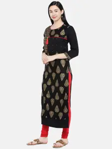 Vbuyz Women Black & Golden Printed Straight Kurta
