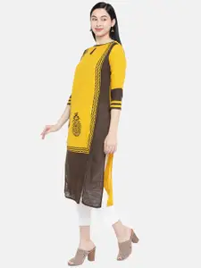 Vbuyz Women Yellow & Brown Printed Colourblocked Straight Kurta