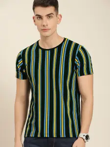 Moda Rapido Men Black  Blue Striped Round Neck Pure Cotton T-shirt