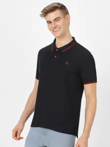 Urbano Fashion Men Black Slim Fit Solid Polo Collar Pure Cotton T-shirt