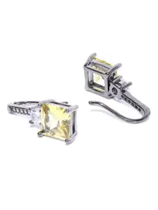 Jewels Galaxy Yellow & Gunmetal-Toned Silver Plated Stone Studded Square Drop Earrings