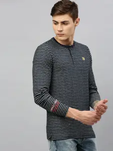 SPYKAR Men Navy Blue Striped Henley Neck T-shirt