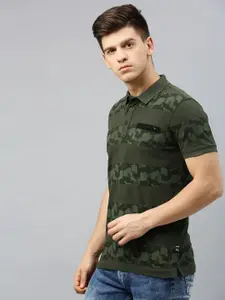 SPYKAR Men Olive Green Camouflge Striped Polo Collar T-shirt