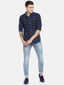 SPYKAR Men Navy Blue & Black Slim Fit Checked Casual Shirt