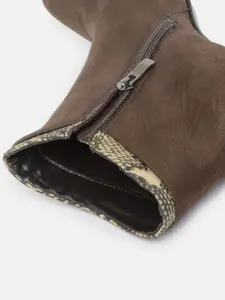 DressBerry Women Coffee Brown Mid-Top Heeled Boots with Animal Print & Suede Finish