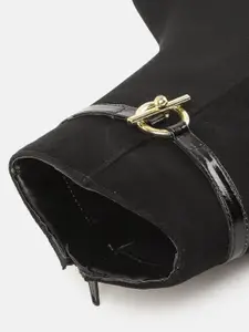 DressBerry Women Black Suede Finish Block Mid-Top Heeled Boots with Metallic Toggle