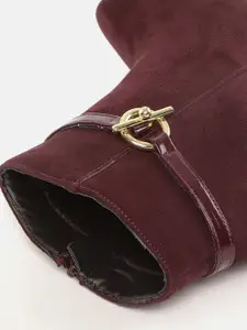 DressBerry Women Burgundy Suede Finish Block Mid-Top Heeled Boots with Metallic Toggle