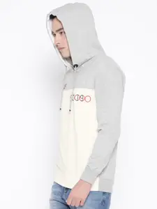 Duke Men Off-White & Grey Melange Colourblocked Hooded Sweatshirt