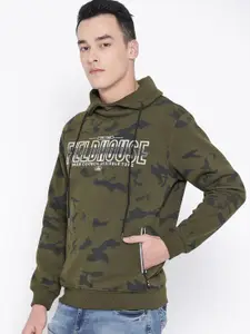 Duke Men Olive Green & White Printed Hooded Sweatshirt