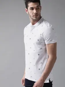 The Roadster Lifestyle Co Men White & Black All Over Printed Polo Collar T-shirt