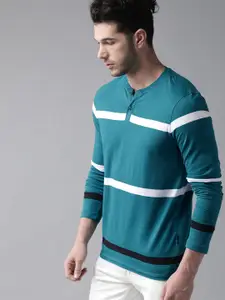 Roadster Men Blue  White Striped Henley Collar Pure Cotton T-shirt