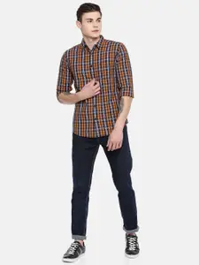 SPYKAR Men Navy Blue & Mustard Yellow Slim Fit Checked Casual Shirt