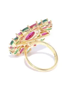 Priyaasi Pink & Green Gold Plated CZ Studded Handcrafted Adjustable Finger Ring