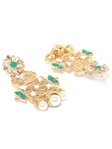 Priyaasi Green Gold-Plated Stone-Studded & Beaded Geometric Drop Earrings