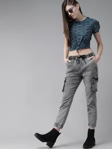 The Roadster Lifestyle Co Women Teal Blue  Grey Striped Round Neck Pure Cotton T-shirt