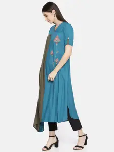 Neerus Women Teal Blue & Brown Colourblocked A-Line Asymmetric Kurta
