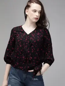 Roadster Women Black Abstract Printed Waist Tie-Up Knitted Wrap Top