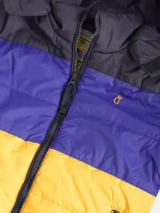 Gini and Jony Boys Blue & Yellow Colourblocked Hooded Padded Jacket with 2 Brooches