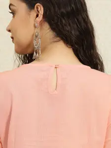 House of Pataudi Women Pink Yoke Design A-Line Kurta with Embroidered Detail