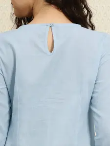 House of Pataudi Women Blue Yoke Design Embroidered Detail A-Line Kurta