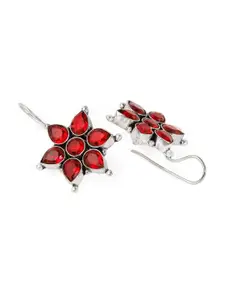 Rubans Silver-Plated & Red Studded Floral Drop Earrings