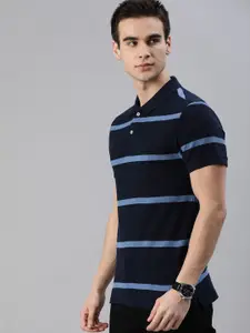 Levis Men Navy Blue Slim Fit Striped Polo Collar Pure Cotton T-shirt