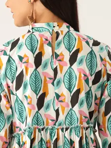 Sangria Women White & Blue Printed Tiered A-Line Dress