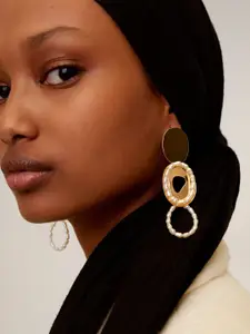 MANGO Gold-Toned & Off-White Beaded Oval Drop Earrings