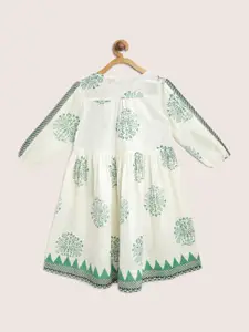 Sangria Girls Off-White & Green Printed A-Line Dress