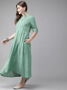 Anouk Women Green & Off-White Printed A-Line Fusion Kurta