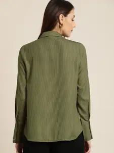 her by invictus Women Olive Green & White Regular Fit Striped Casual Shirt