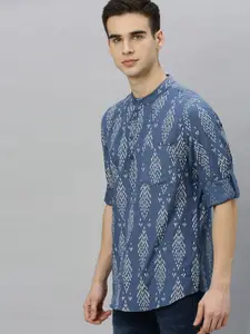 Anouk Men Navy Blue & Off-White Printed Straight Short Kurta
