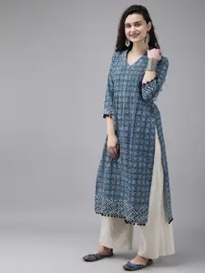 Anouk Women Navy Blue Printed Straight Kurta