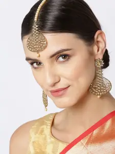 Priyaasi Rose Gold-Toned Gold-Plated Stone-Studded Handcrafted Maang Tikka with Earrings