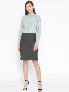 Hancock Women Green & Navy Blue Slim Fit Striped Formal Shirt