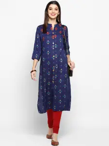 Vbuyz Women Navy Blue & Red Embroidered Straight Kurta
