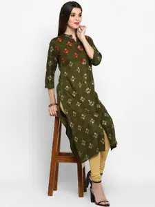 Vbuyz Women Green & Orange Embroidered Straight Kurta