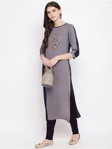 Vbuyz Women Grey Embroidered Straight Kurta