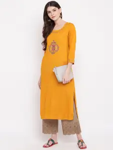 Vbuyz Women Yellow Embroidered Straight Kurta