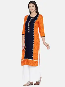 Vbuyz Women Orange & Navy Blue Embroidered Straight Kurta
