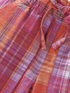 KiddoPanti Girls Pink & Orange Checked Regular Fit Regular Shorts