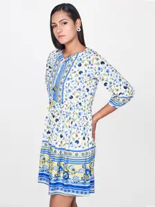 AND Women White & Blue Printed Fit and Flare Dress