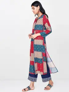 Global Desi Women Teal Blue & Red Printed Straight Kurta