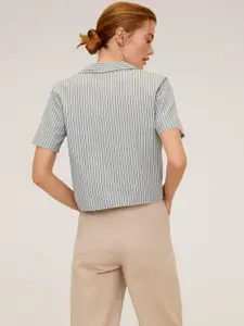MANGO Women Green & White Regular Fit Striped Casual Shirt With Tie-Up Detail