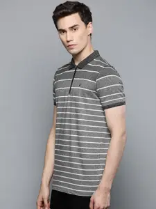 Louis Philippe Jeans Men Charcoal Grey & White Striped Polo Collar T-shirt